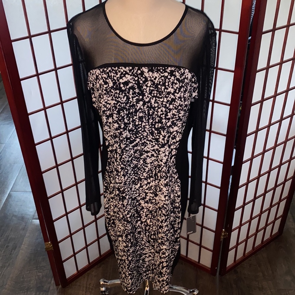 NEW MUSE midi dress sheath with sheer top and sleeve BLACK/Off White mixed print